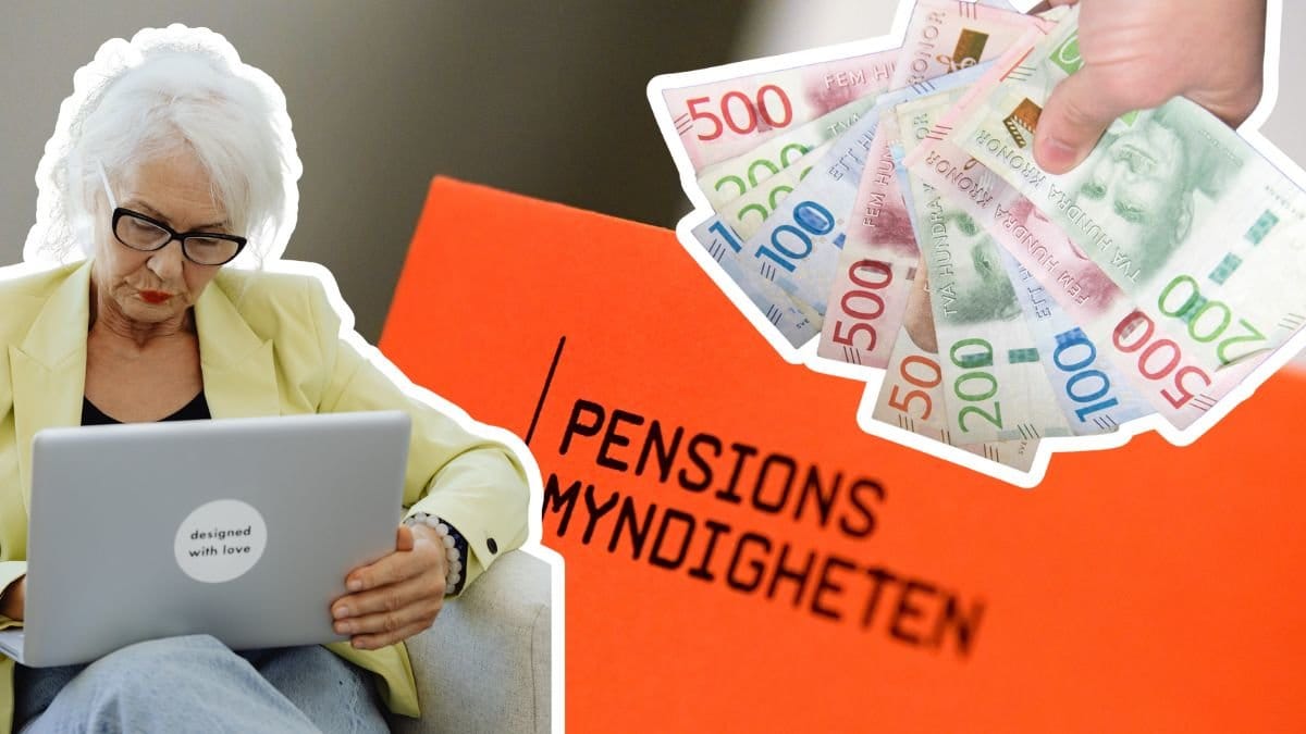 En kvinna som jobbar vid datorn, brev från Pensionsmyndigheten och pengar.