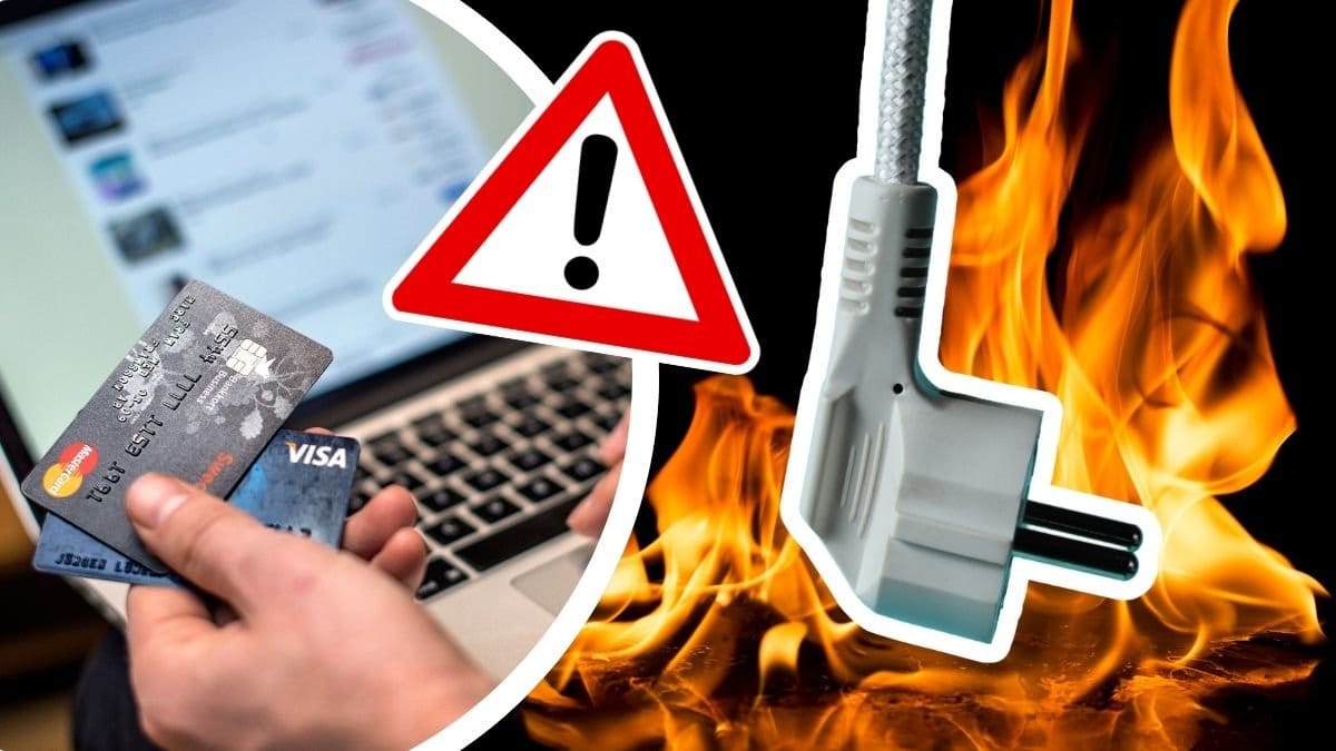 Hand med betalkort framför dator, eld och en sladd