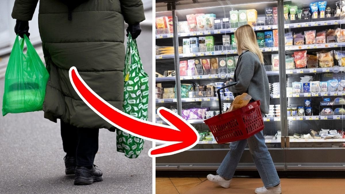 Kvinna går med matkassar och en ung tjej med korg vid ostkylen i en matbutik
