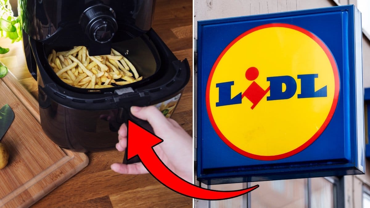 Bild på en airfryer och en Lidl-skylt.