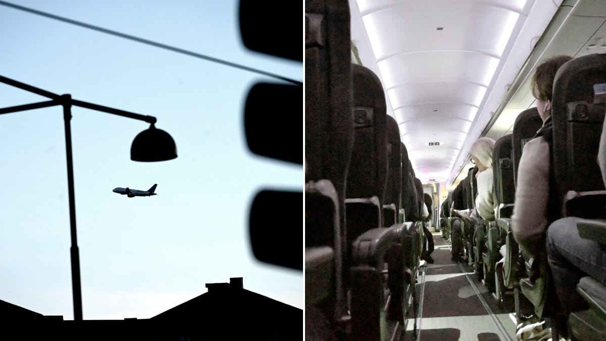 Till vänster syns ett flygplan flyga. Det är en mörk bild så man ser inte vilket bolag. Till höger syns ett flygplan inifrån. Bilden är tagen från gången med massa sittplatser runt omkring.
