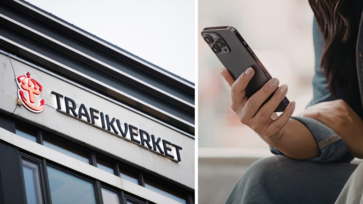 Trafikverket-skylt vänster. Person med mobil i handen höger.