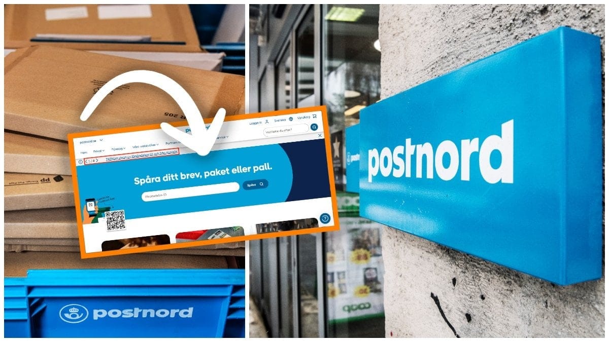Postnord-låda med paket och en Postnord-skylt på en fasad