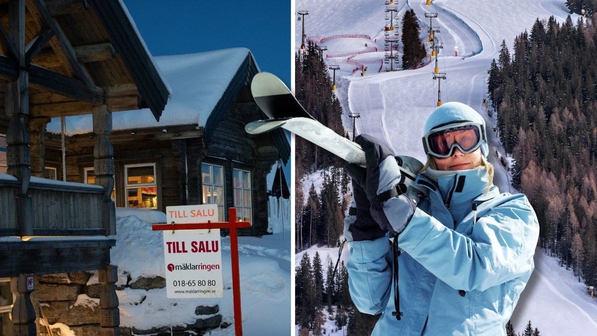 Fjällstuga och skidor.