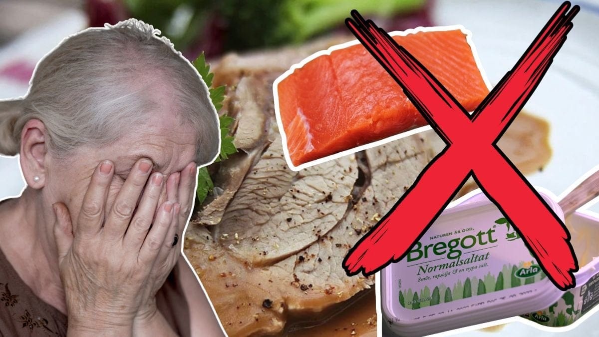 Äldre kvinna som är ledsen, mat i form av stek, lax och bregott med ett rött kryss över sig.