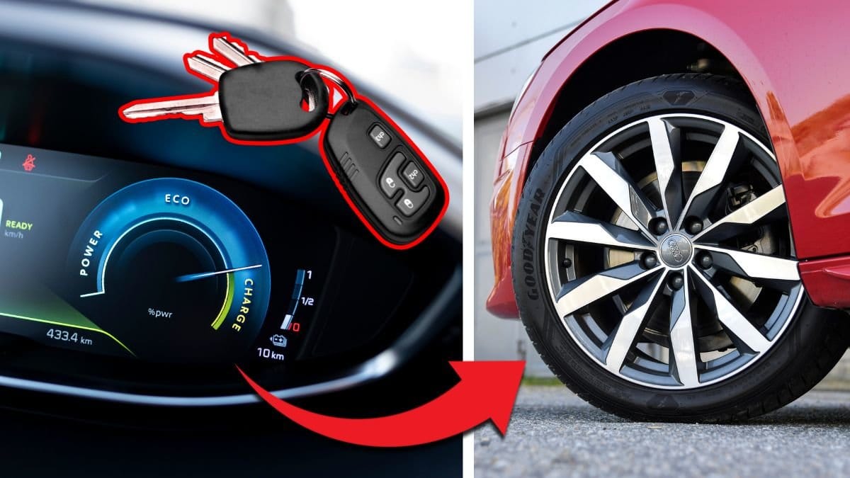 Bild på bil-display till vänster. Bilnycklar omringade med rödkontur över. Bild på bildäck till höger. Röd pil pekar på bil-diplayen till bildäcket.