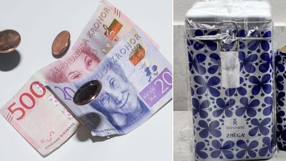 Pengar och Rörstrands kaffeburk.