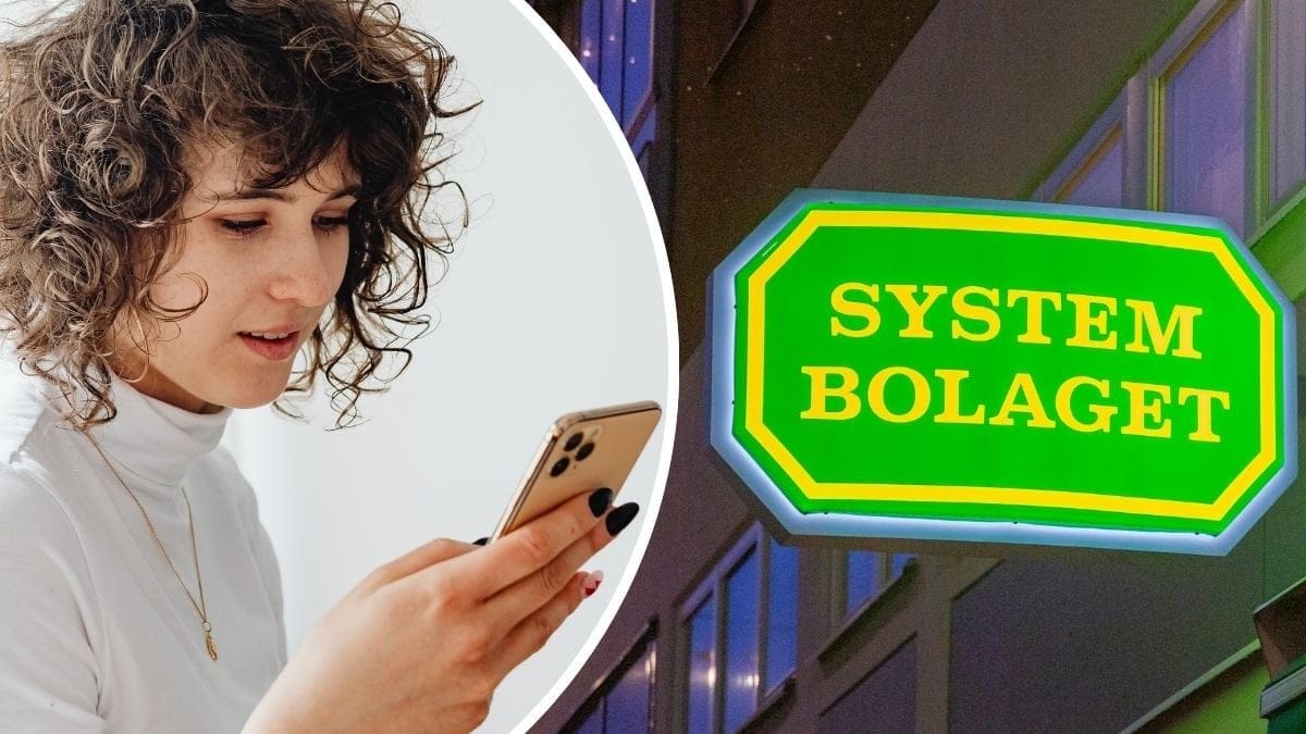 Kvinna med mobiltelefon och Systembolaget-skylt