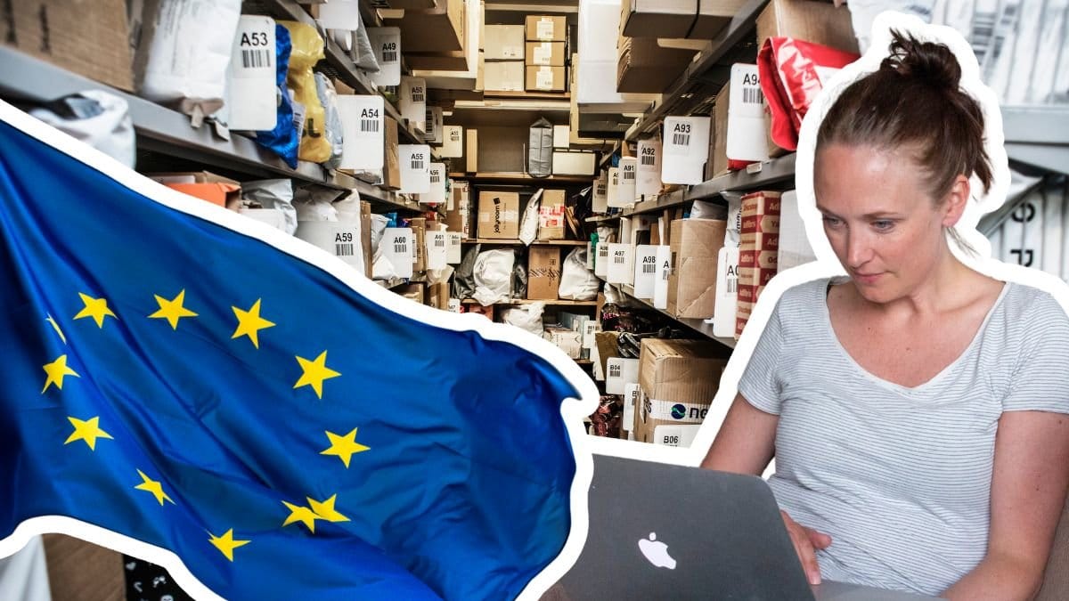 EU-flagga, paket hos ombud och kvinna framför dator