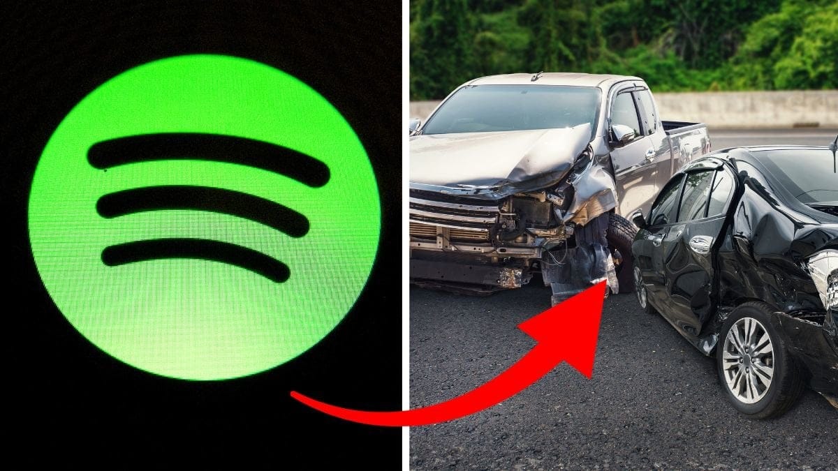 Spotify:s logga vänster. Bilolycka höger.