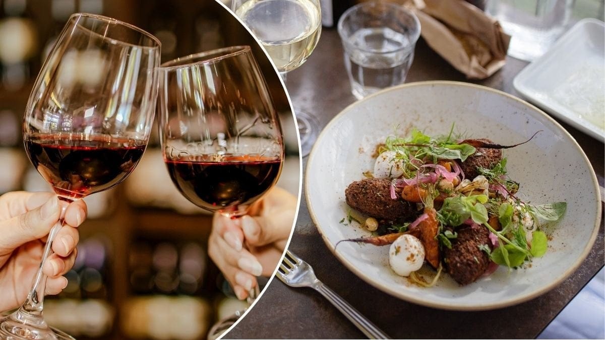 Bilder på restaurangmat och två som skålar i vin.