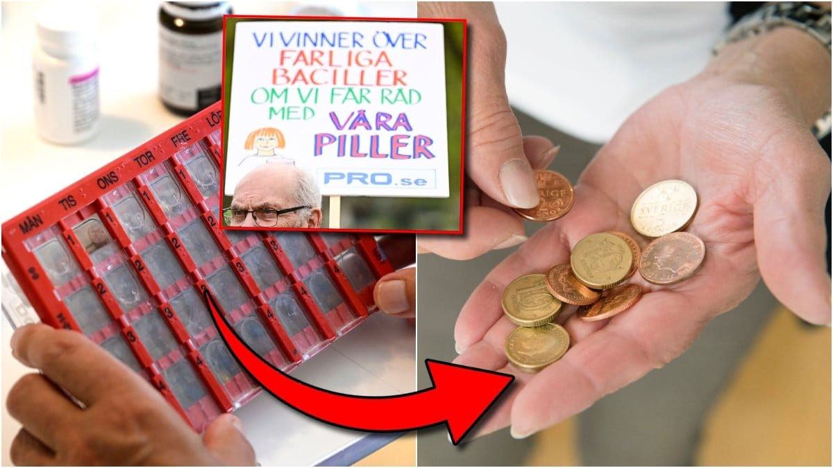 Medicindosett, protestskylt och mynt i hand.