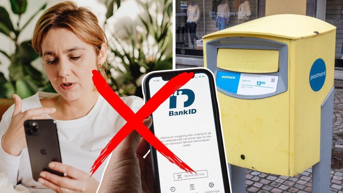 Postnord, BankID, och en kvinna med mobil