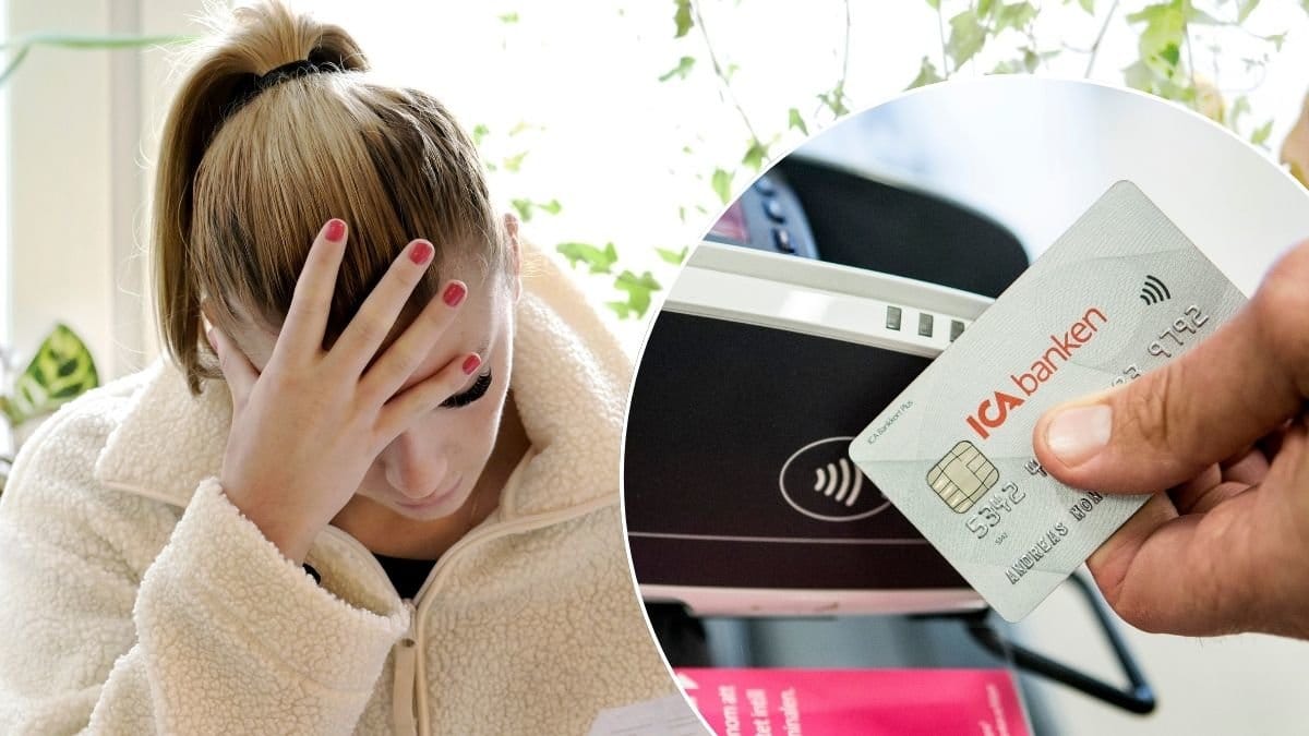 Kvinna och betalkort och betalterminal.