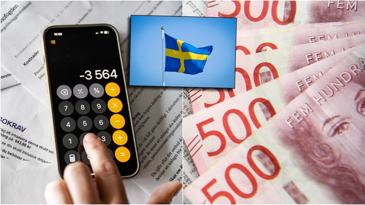 Miniräknare i mobil, pengar och svensk flagga.