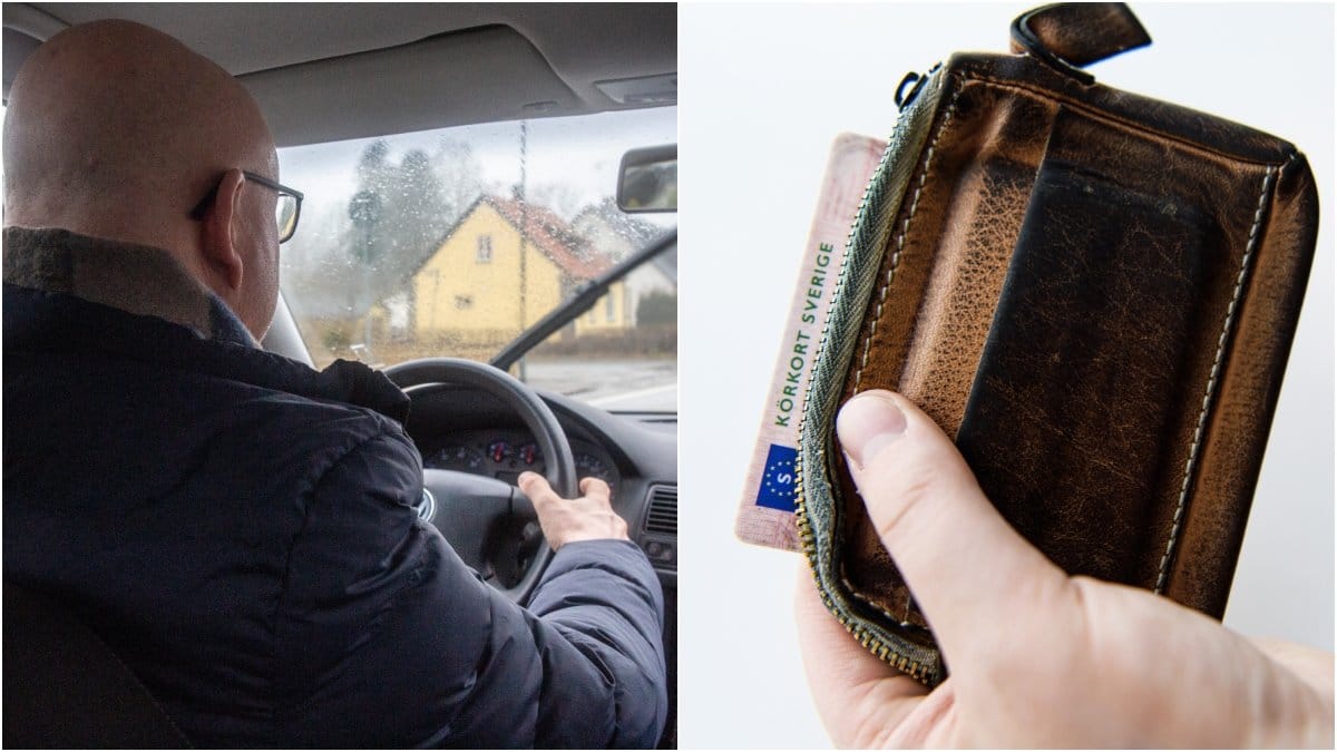 Man som kör bil och körkort i plånbok