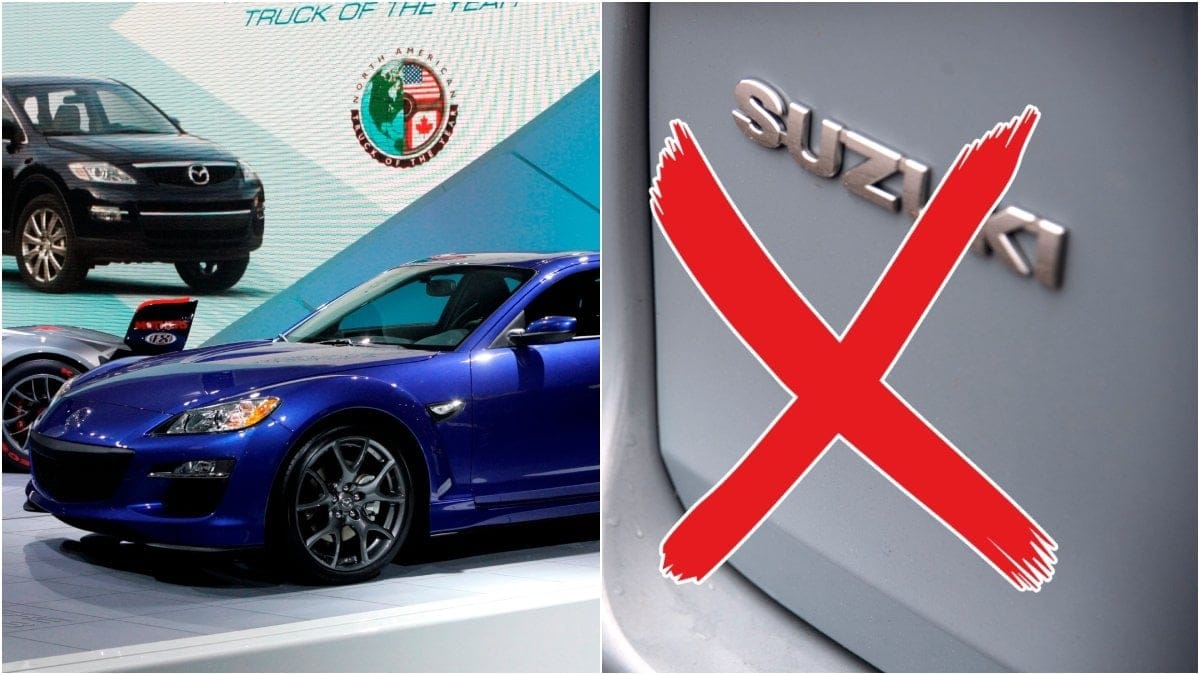 Övergripande bild på en bil, modell Mazda RX-8 och en närbild på bilmärket Suzuki. 