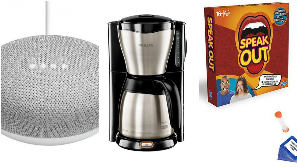 Google Hime Mini, kaffebryggare från Philips och ett sällskapspel. 