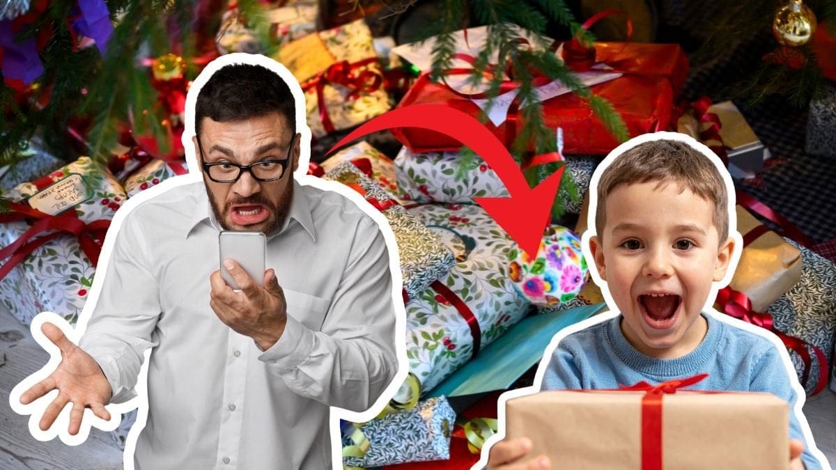 Julklappar i bakgrunden. Utklippt bild på man som skriker mot sin telefon till vänster. Utklippt bild på en liten pojke med present i händerna. En röd pil pekar från mannen på pojken