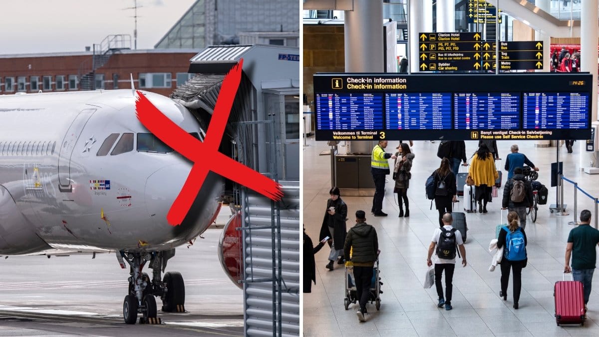 Ett flygplan som boardas, med ett rött kryss över. Och personer som går med väskor på en flygplats.