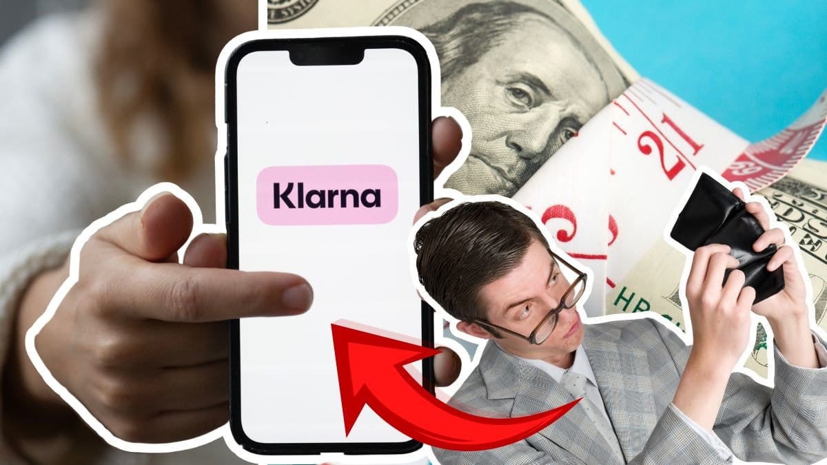 Klarna-ikon på mobil vänster. En ihopdragen sedelbunt höger. En person som öppnar en tom plånbok höger utklippt.