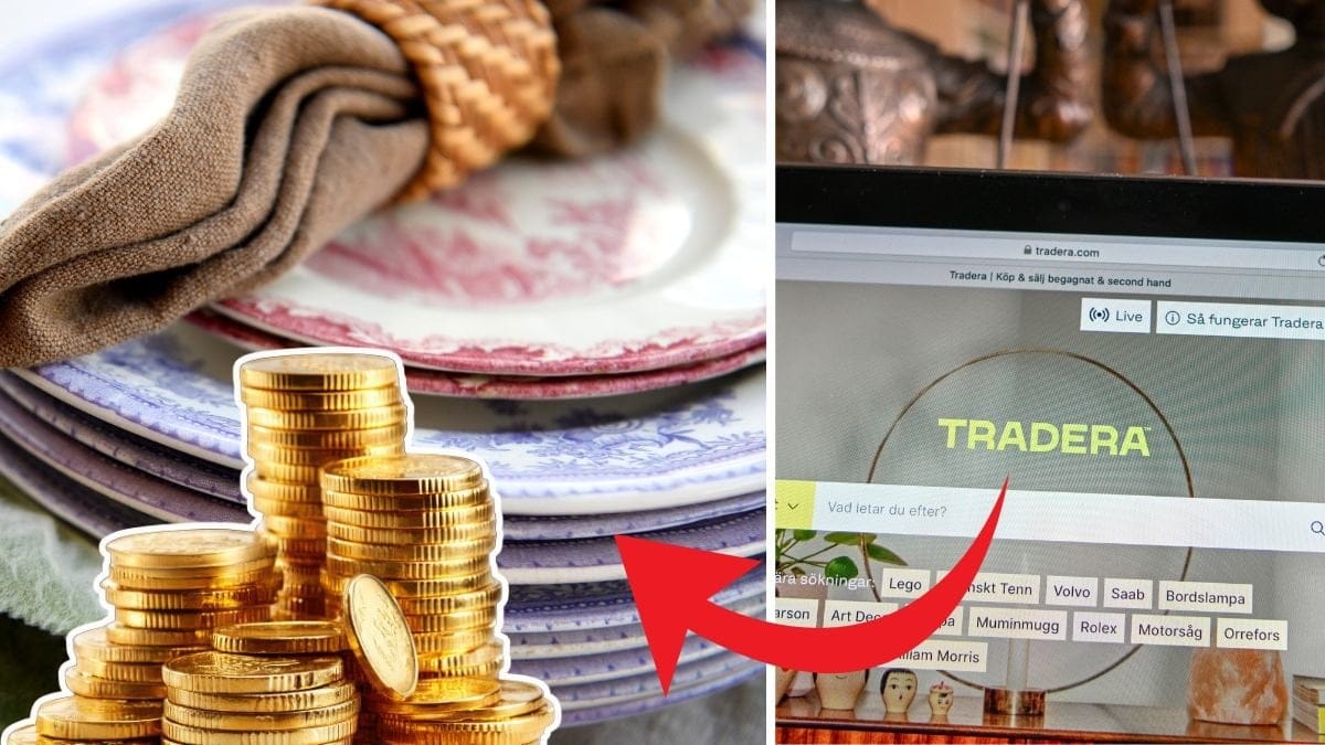 Porslin till vänster. Utklippta mynt i hög framför porslinet. Tradera på en datorskärm till höger.