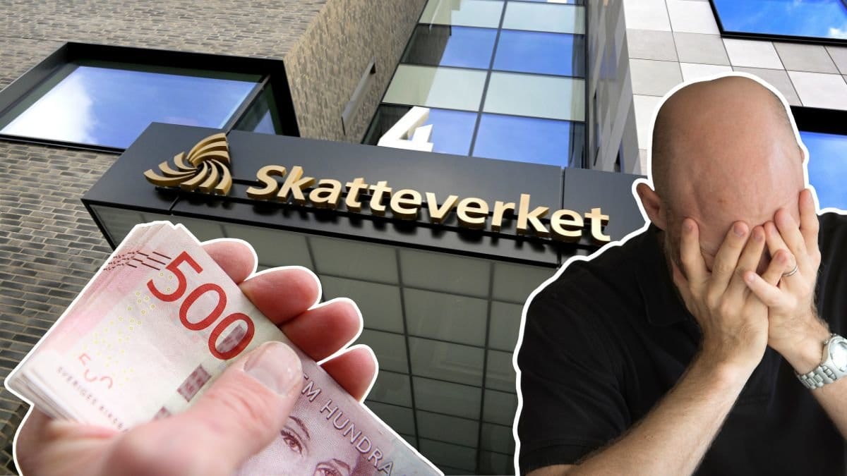 Skatteverkets huvudentré, pengar i en hand och en uppgiven man som har ansiktet begravt i händerna.