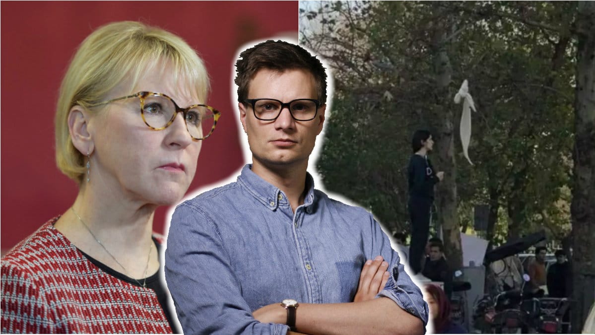 Karl Anders Lindahl framför delad bild på Margot Wallström och en kvinna som håller upp sin slöja i Iran. 