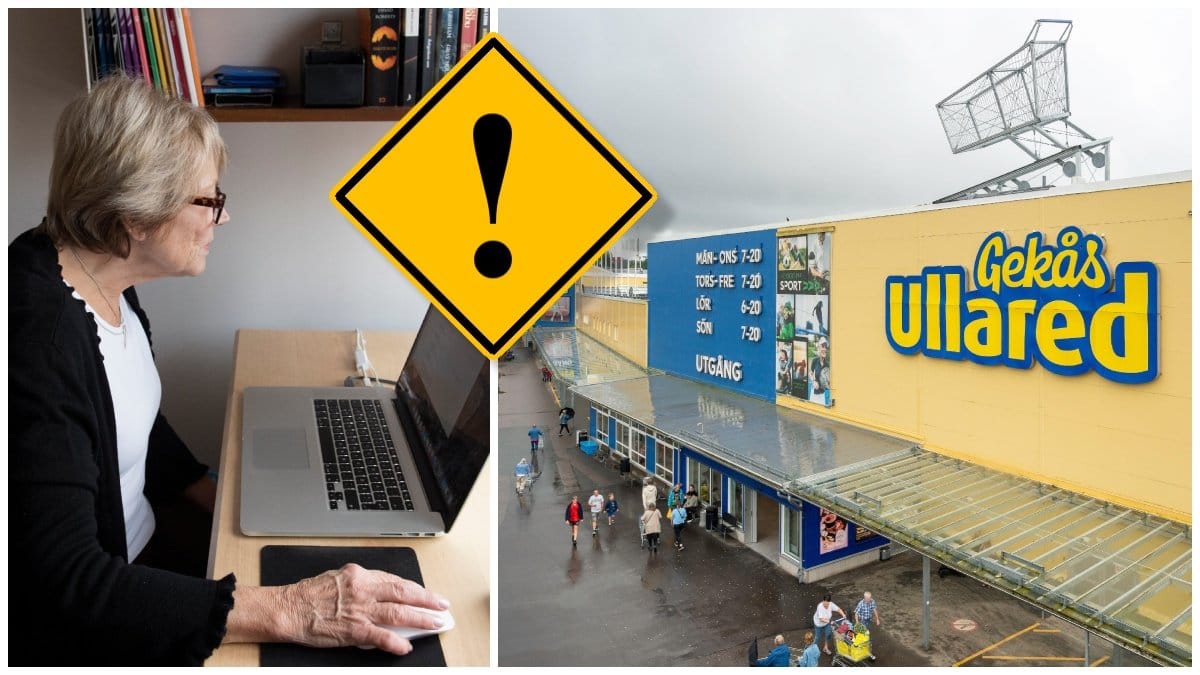 Äldre kvinna vid en dator och entrén till Gekås Ullared.