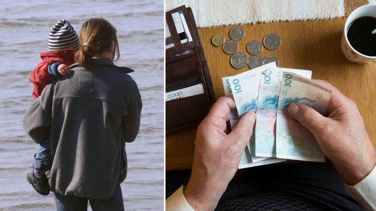 Barnfamilj som promenerar och svenska kontanter.