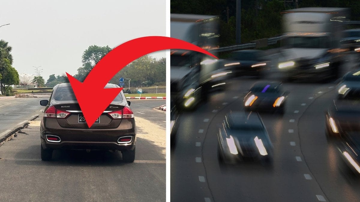 Bil och bilväg med trafik.