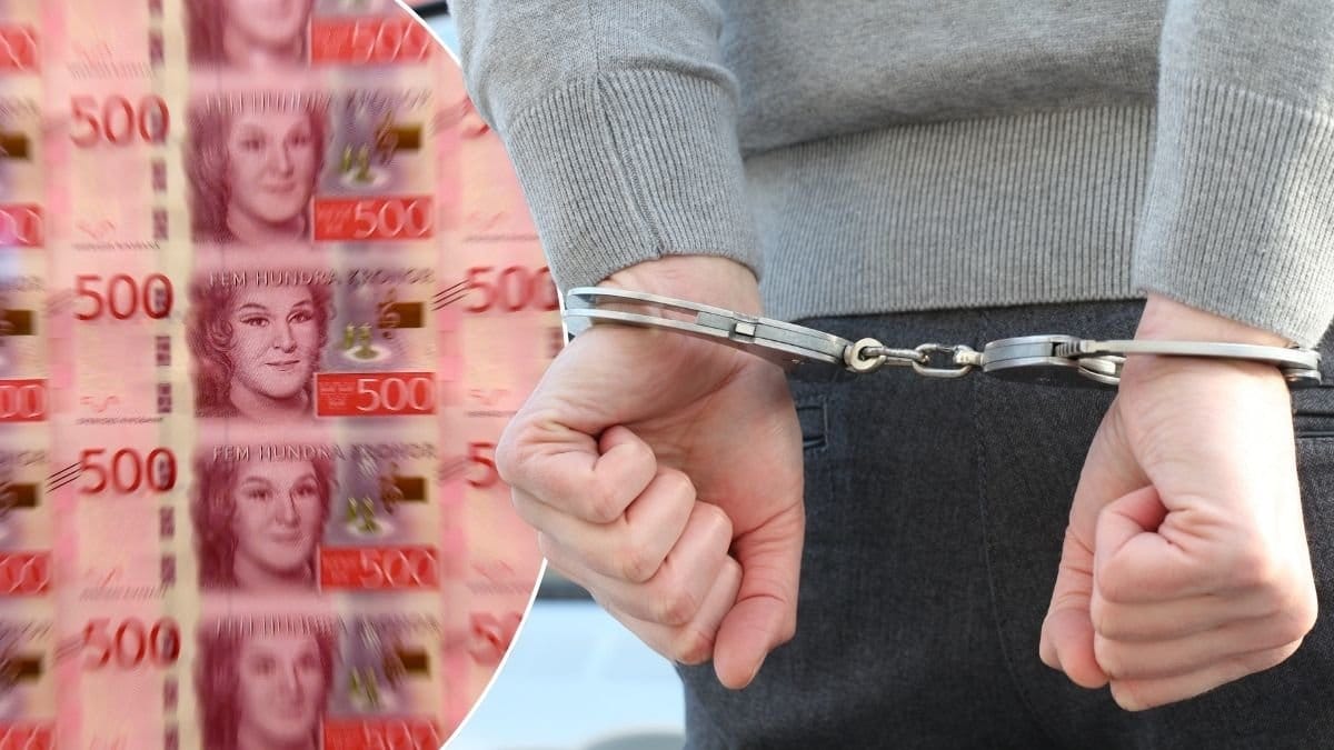 Bilder på en man i handklovar och nya sedlar.