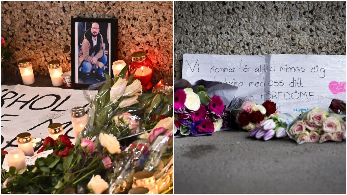 Blommor och ljus på platsen där 39-årige Mikael sköts till döds.