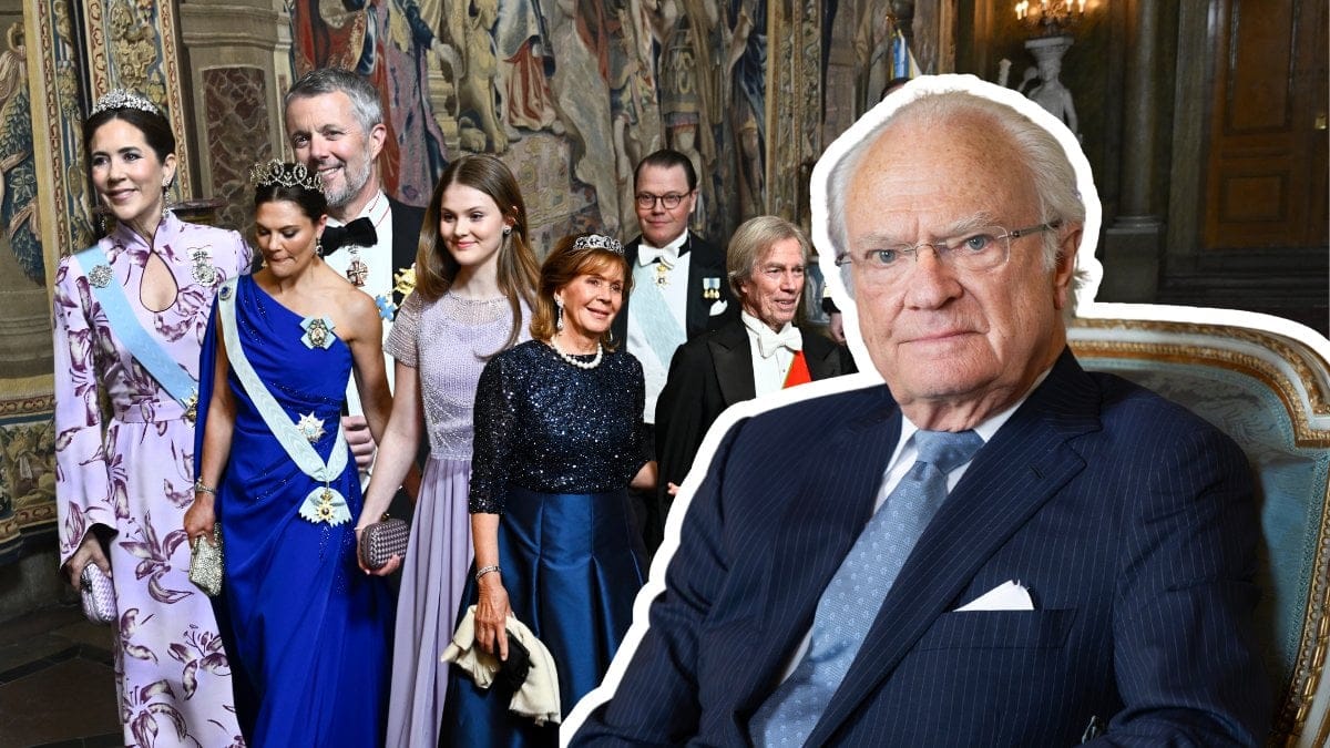 Flera kungliga gäster i bakgrunden. Utklippt bild på kungen till höger.