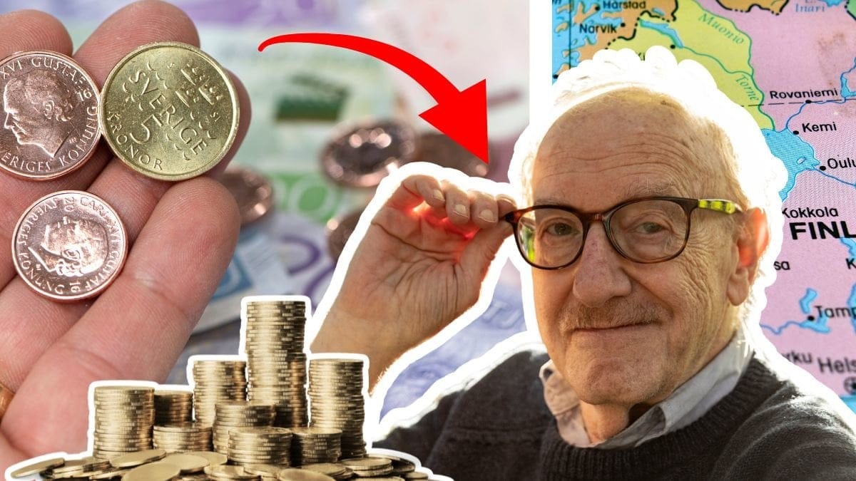 Kontanter höger. Karta sverige höger. Utklippt äldre man höger. Utklippt mynthög höger. Röd pil pekar på mannen.