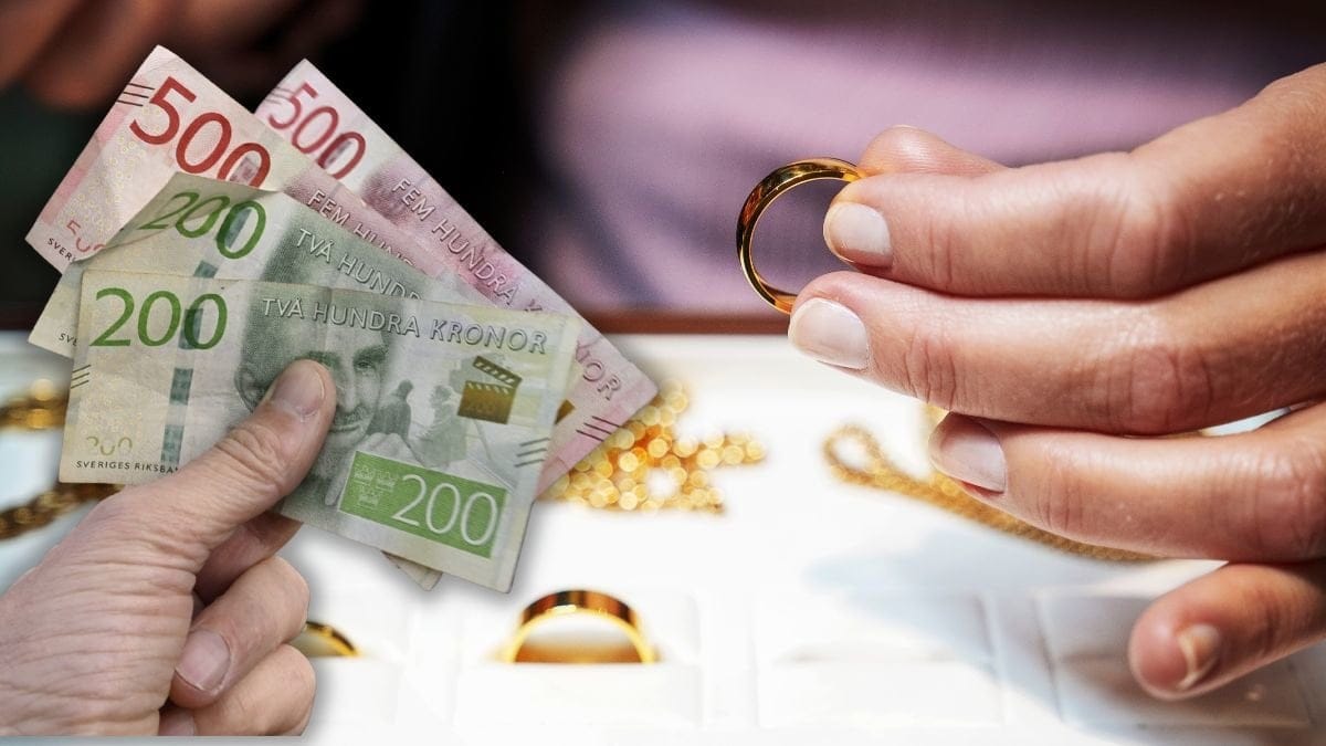 Kontanter i handen och en guldhandlare som håller i en ring.