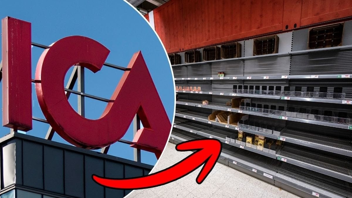 Bilder på Ica och tomma hyllplan.