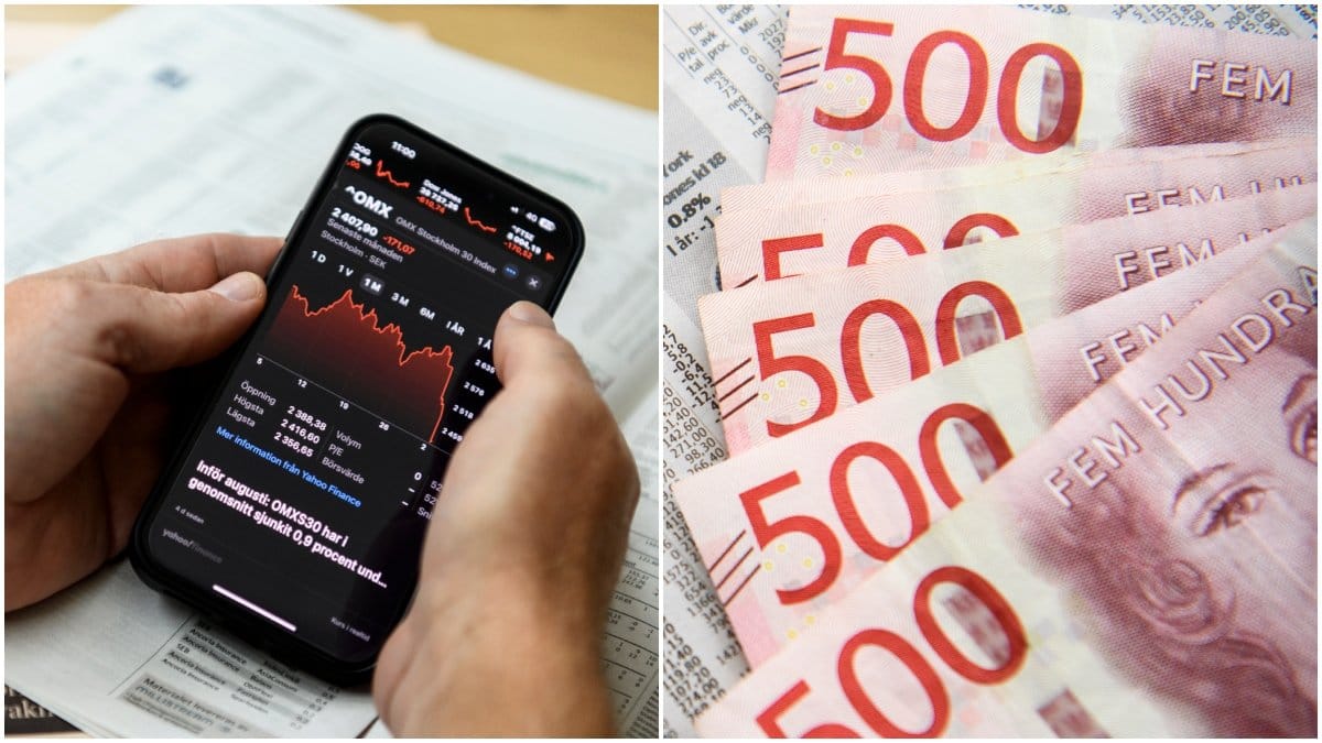 Aktiekurs i mobiltelefon och 500-kronorssedlar.