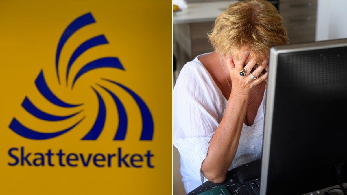 Skatteverkets logotype och en ledsen kvinna framför en dator.