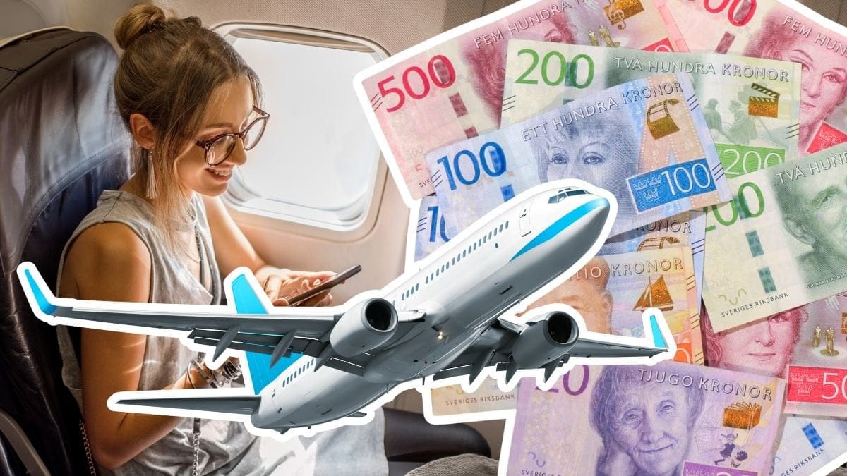 Kvinna i flygstol, flygplan och svenska sedlar