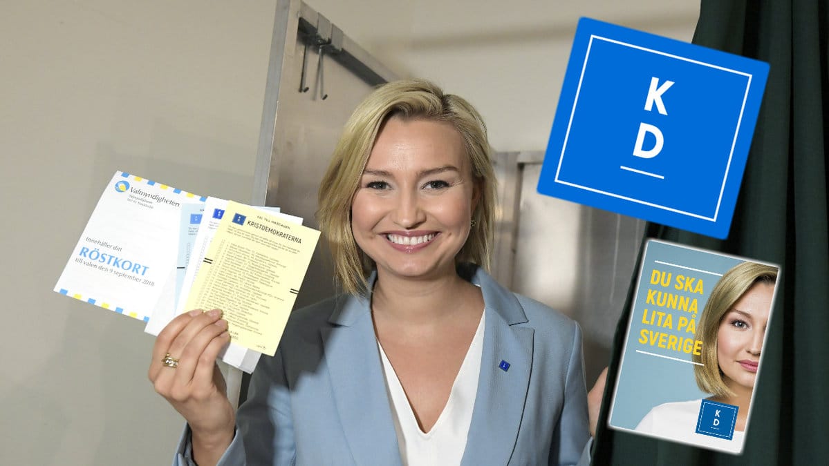 Ebba Busch Thor förtidsröstar, KD-emblem och en valaffisch.