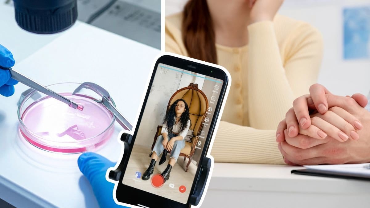 Forskningslabb vänster. Kvinna som håller någon i handen höger. En kvinna på TikTok i mitten.