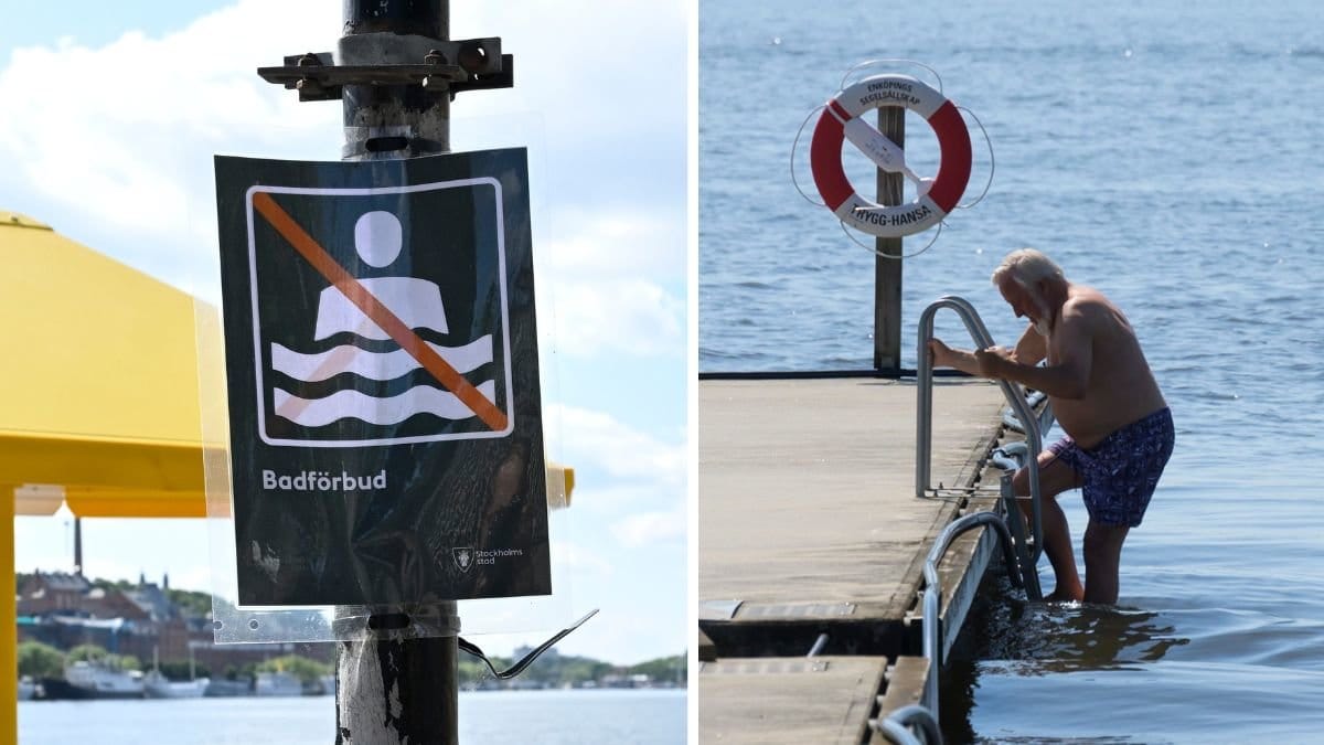 Badförbud och en äldre man som badar vid en brygga.