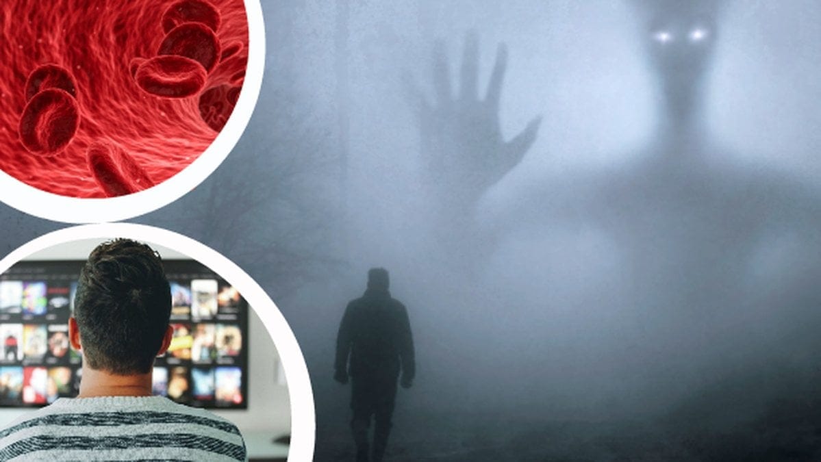 Silhuett av ett monster i en skog. Blodceller. Person som ser på TV.