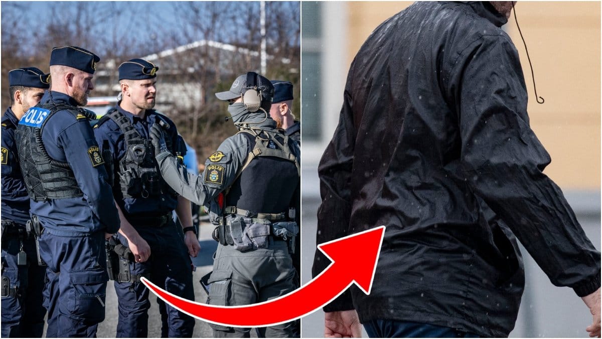 Bild på poliser i uniform till vänster och på en regnjacka till vänster.  