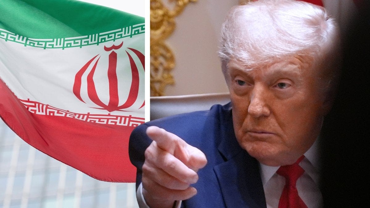 Irans flagga vänster. Donald Trump höger.