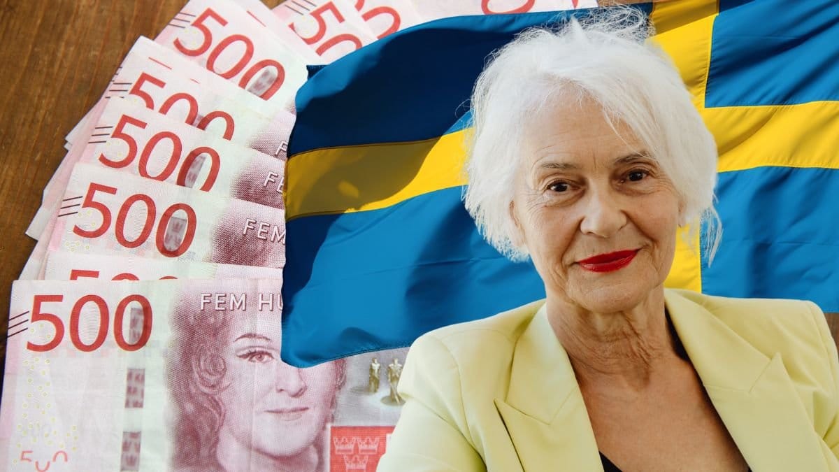 Pengar, äldre kvinna och svenska flaggan.