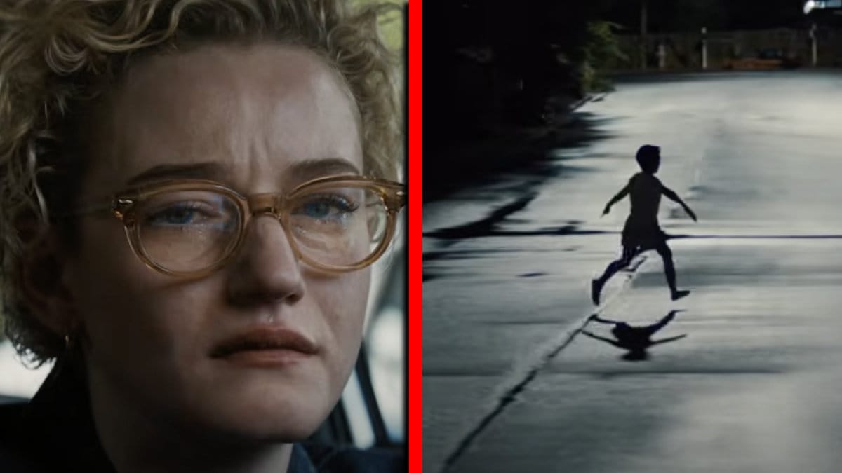 Weapons trailer, skådespelaren Julia Garner, barn springer över vägen