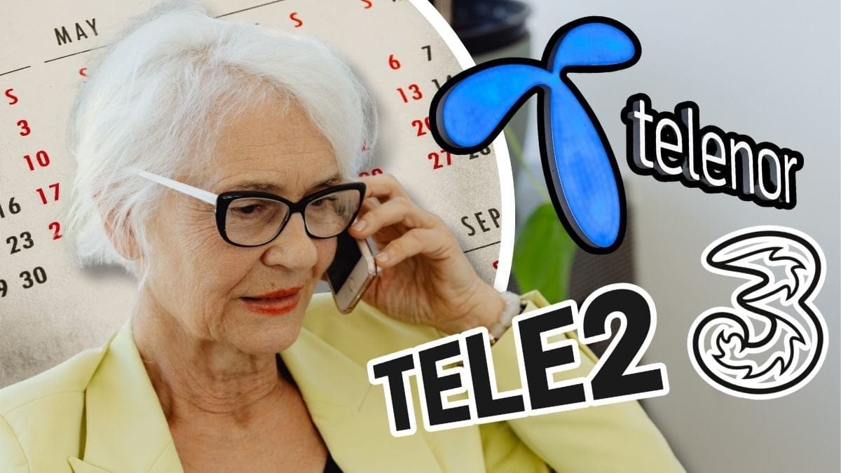 Äldre kvinna som pratar i mobiltelefon, en kalender och logotyper tillhörande Telenor, Tele2 och Tre.