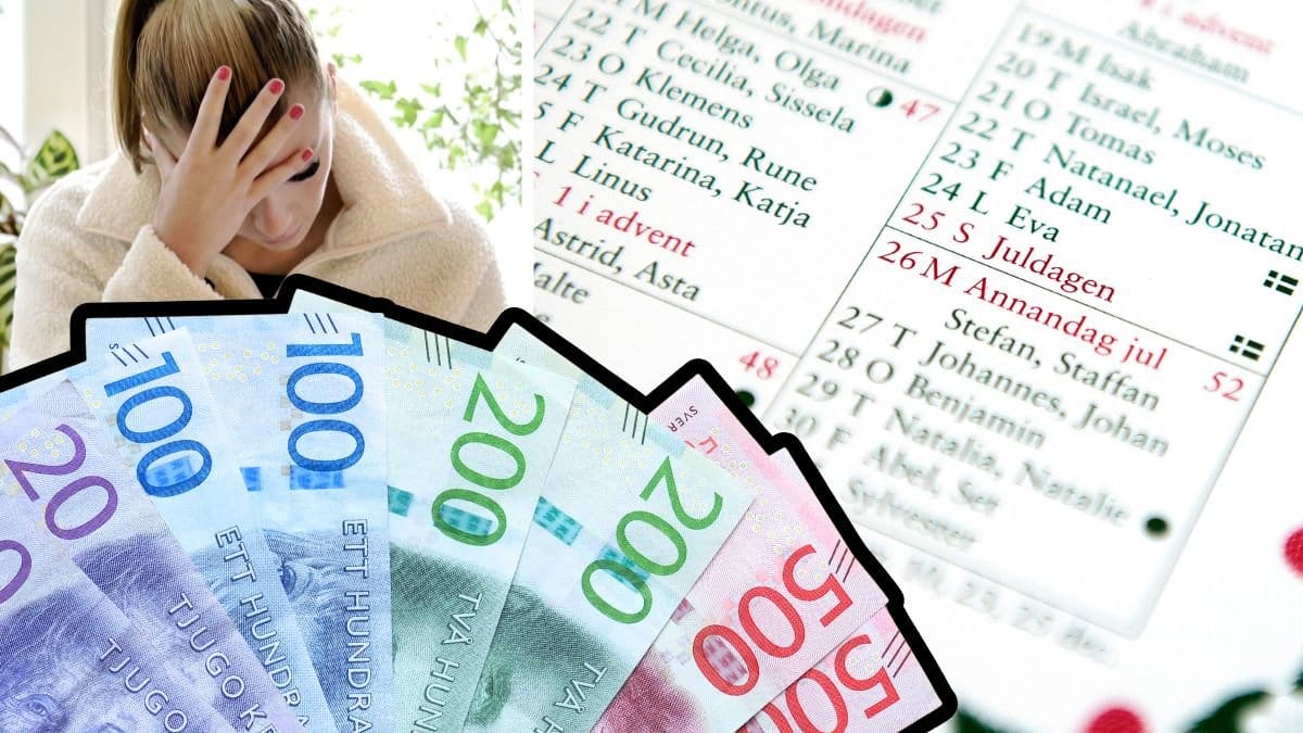 Ung kvinna, svenska sedlar och en almanacka som visar julhelgen